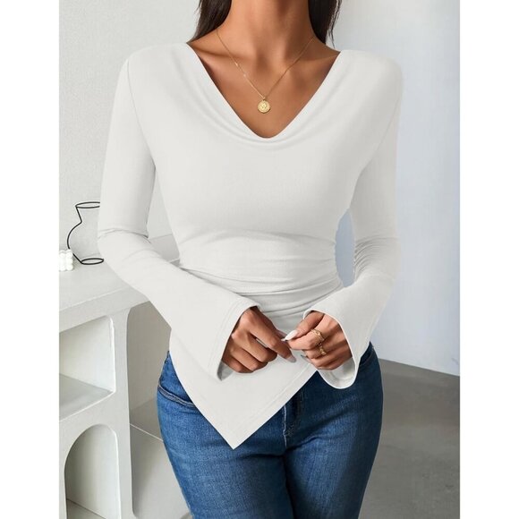 Women’s Slim Fit Long Sleeve Cowl Neck Shirts Y2K Tops Blouses for Fall 2025 - Picture 7 of 7
